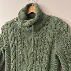 LL Bean Sweater Women's XS Green Mixed Cable Knit Double L Funnel Neck Pockets